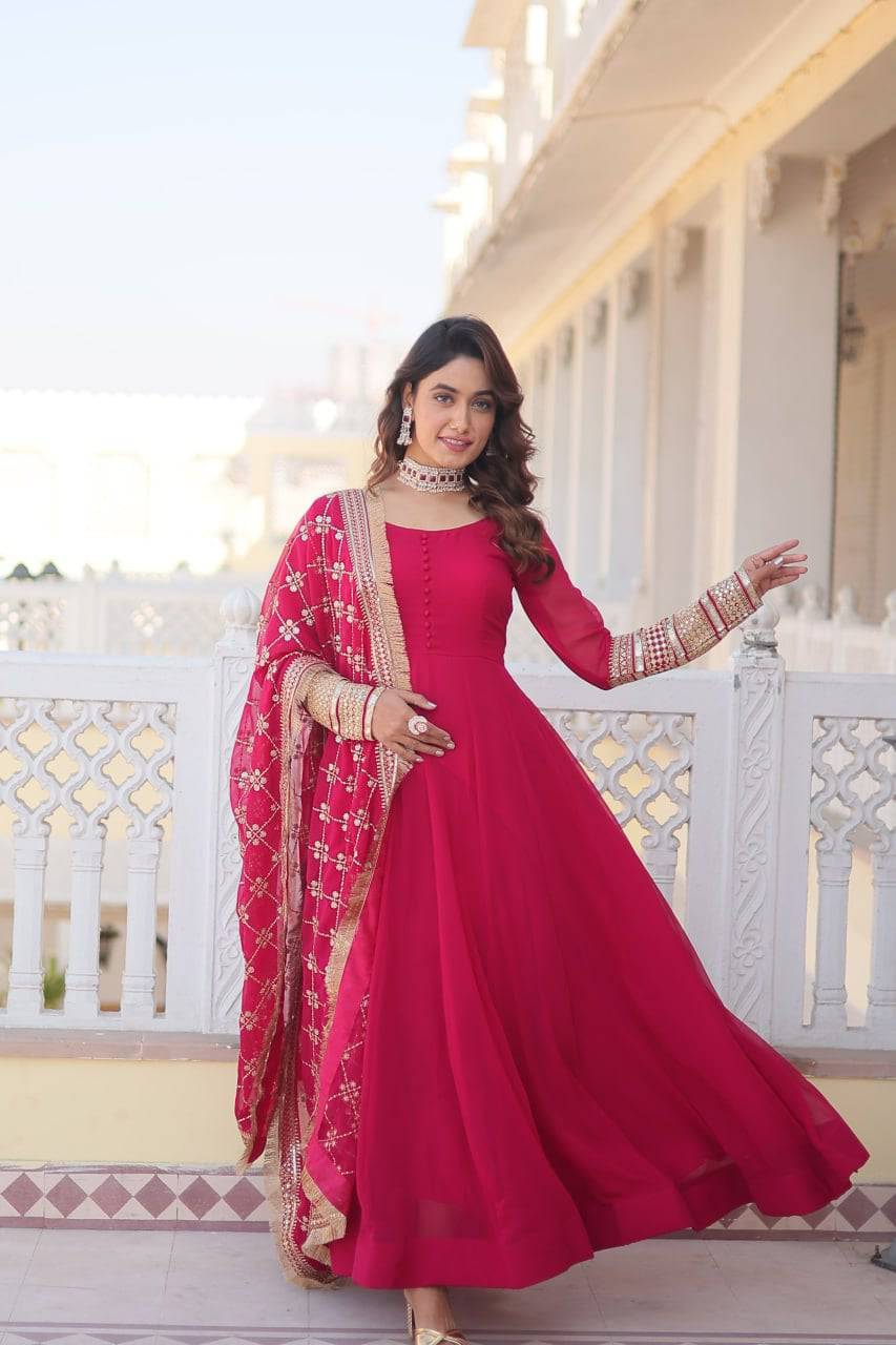 Intriguing Faux Georgette Sequins Embroidered Gown With Dupatta - Ethnicwish