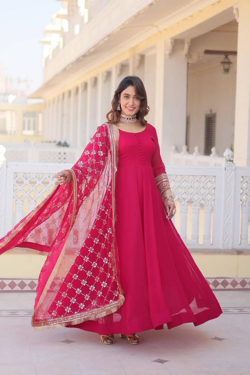 Intriguing Faux Georgette Sequins Embroidered Gown With Dupatta - Ethnicwish