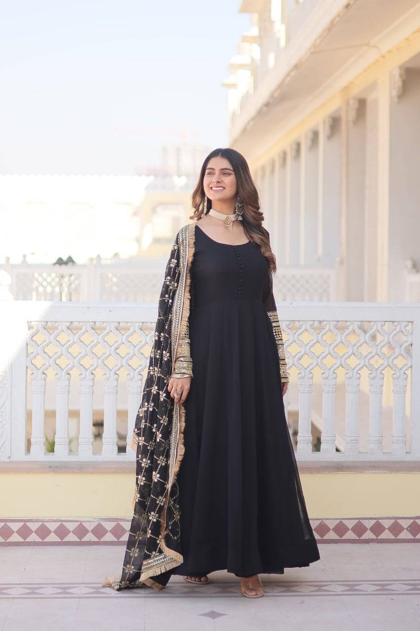 Intriguing Faux Georgette Sequins Embroidered Gown With Dupatta - Ethnicwish