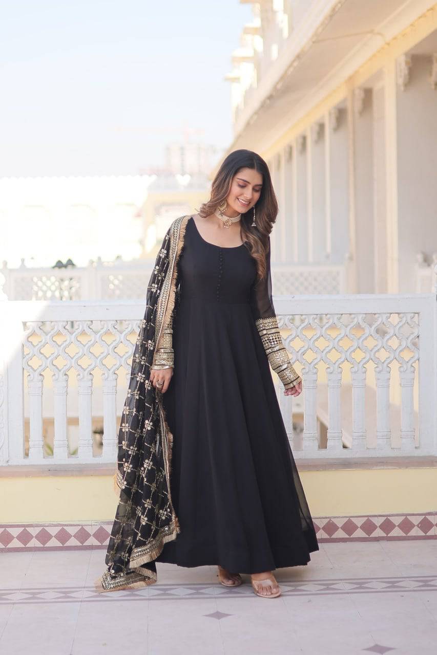 Intriguing Faux Georgette Sequins Embroidered Gown With Dupatta - Ethnicwish