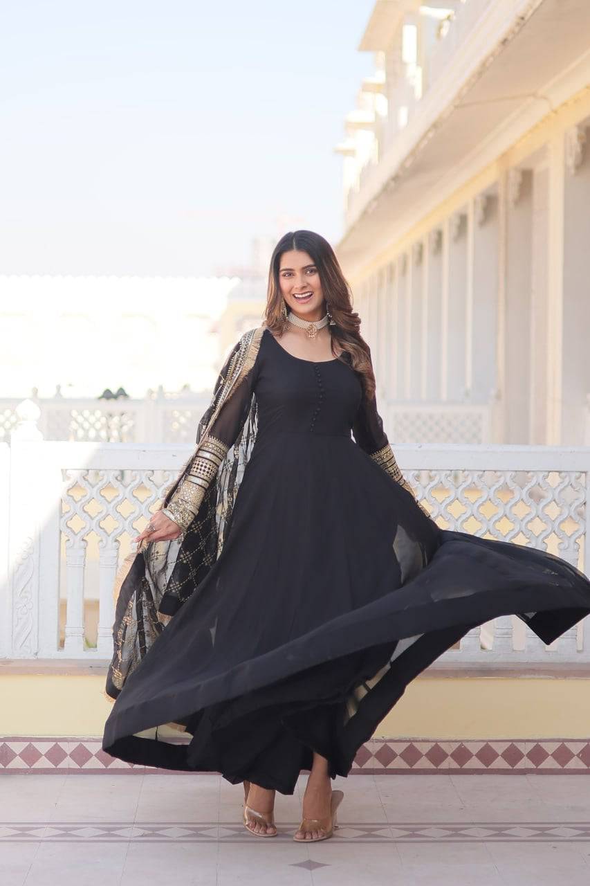 Intriguing Faux Georgette Sequins Embroidered Gown With Dupatta - Ethnicwish