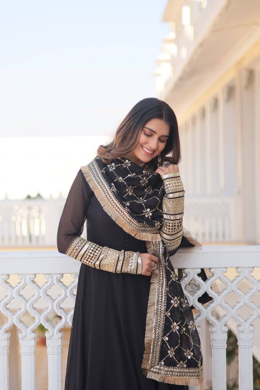 Intriguing Faux Georgette Sequins Embroidered Gown With Dupatta - Ethnicwish