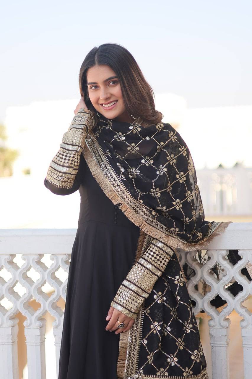 Intriguing Faux Georgette Sequins Embroidered Gown With Dupatta - Ethnicwish