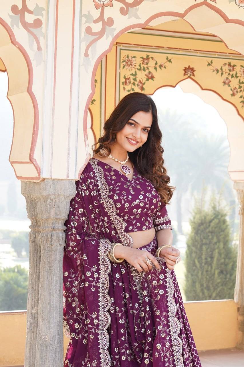 Compelling Viscous Jacquard Sequins Embroidered Lehenga Set - Ethnicwish