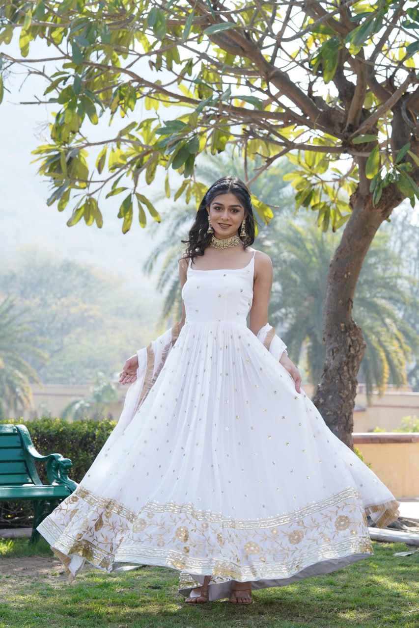 Lovely Faux Georgette Sequins Embroidered Gown With Dupatta - Ethnicwish