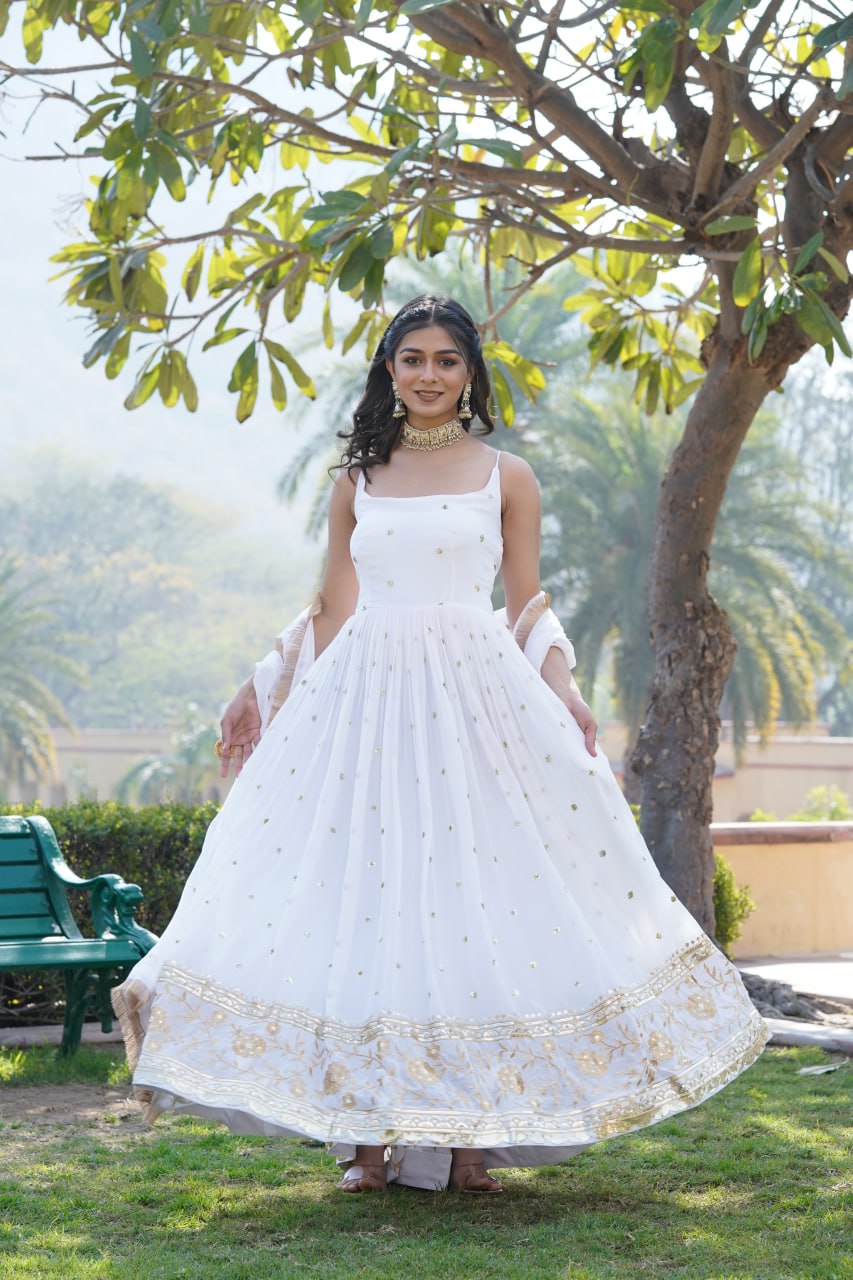 Lovely Faux Georgette Sequins Embroidered Gown With Dupatta - Ethnicwish