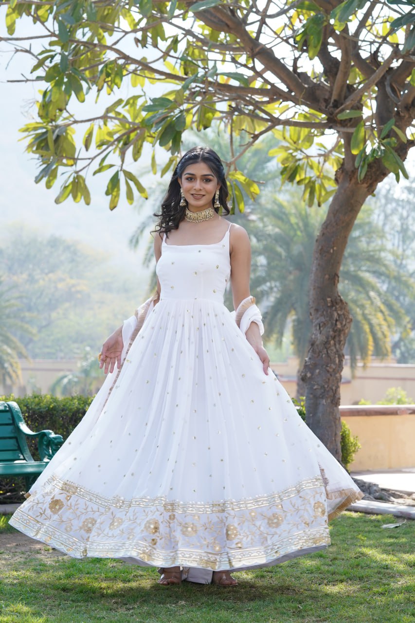 Lovely Faux Georgette Sequins Embroidered Gown With Dupatta - Ethnicwish