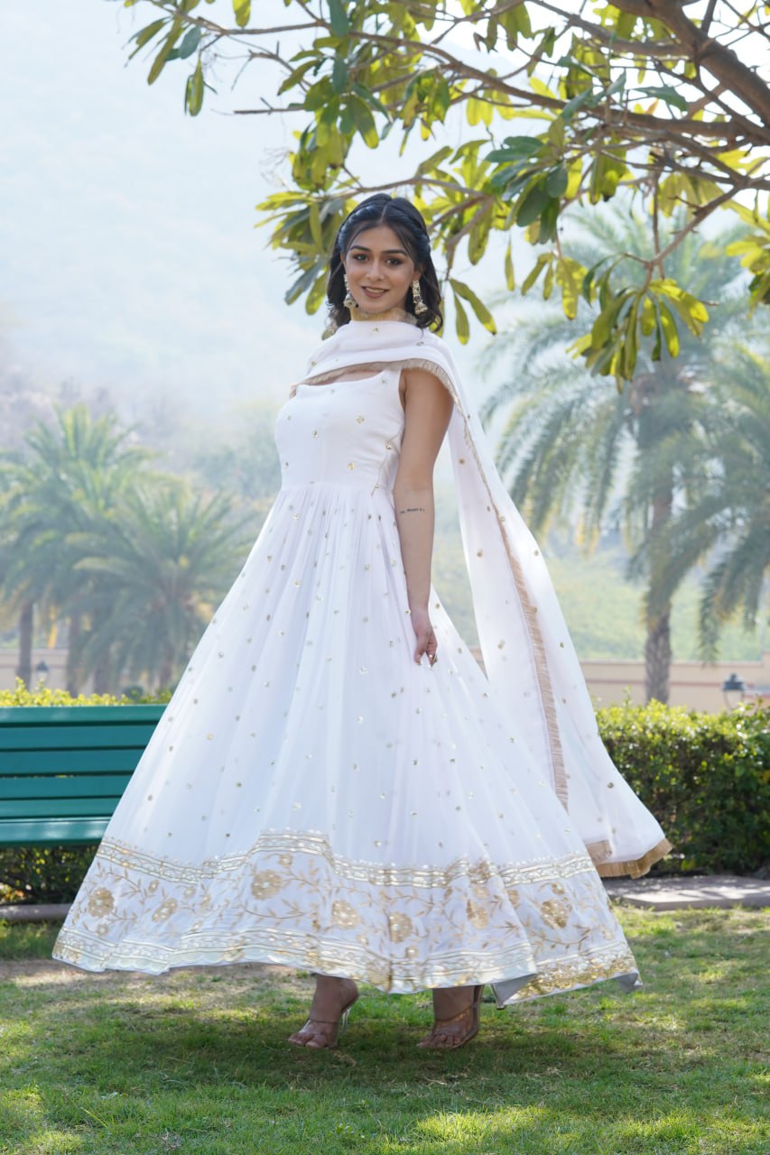 Lovely Faux Georgette Sequins Embroidered Gown With Dupatta - Ethnicwish