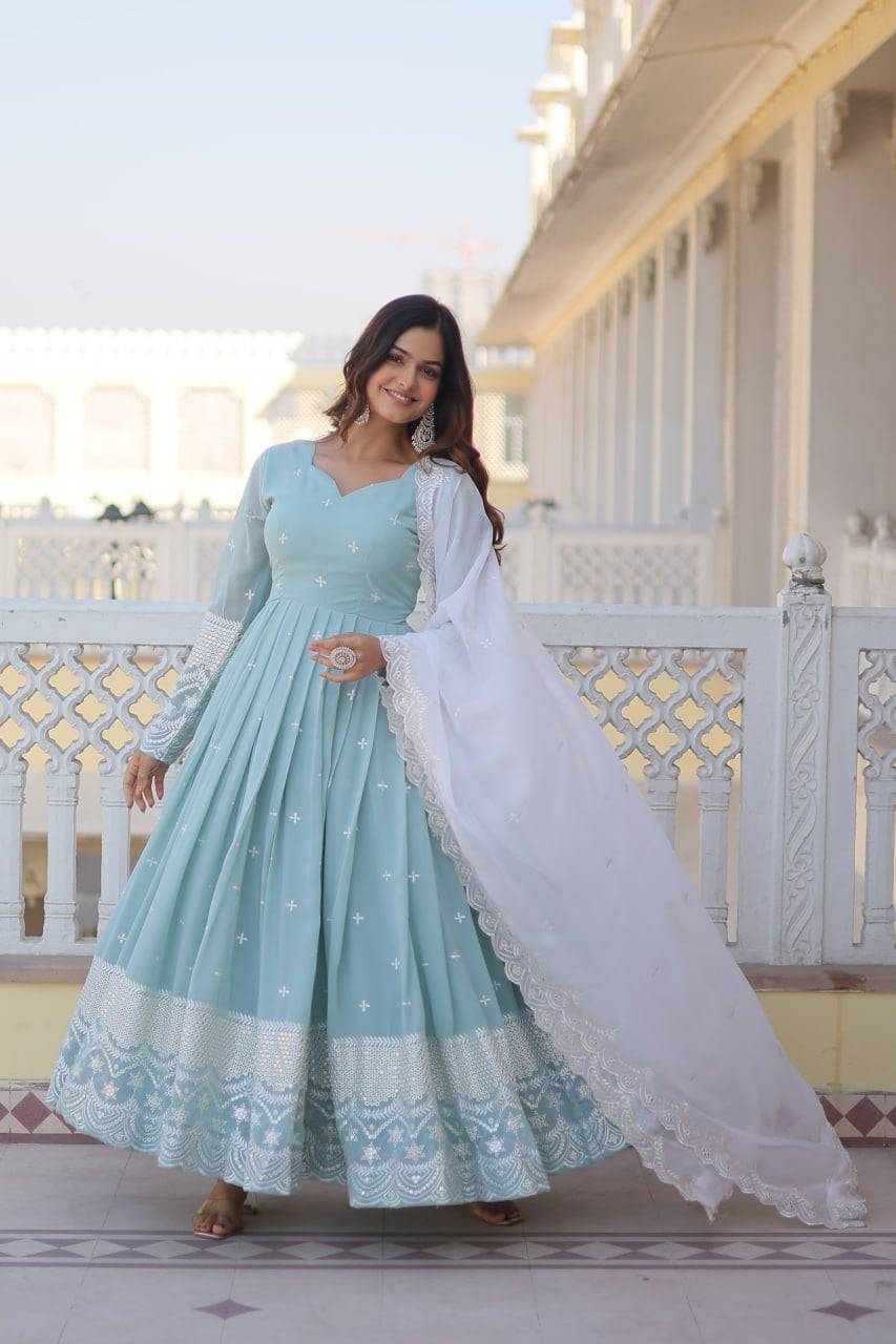 Spellbinding Sky Blue Faux Georgette Thread Sequins Worked Gown - Ethnicwish