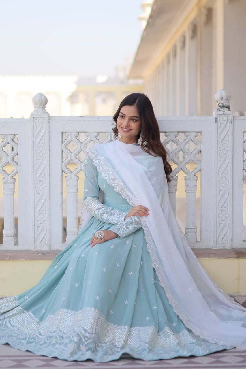 Spellbinding Sky Blue Faux Georgette Thread Sequins Worked Gown - Ethnicwish