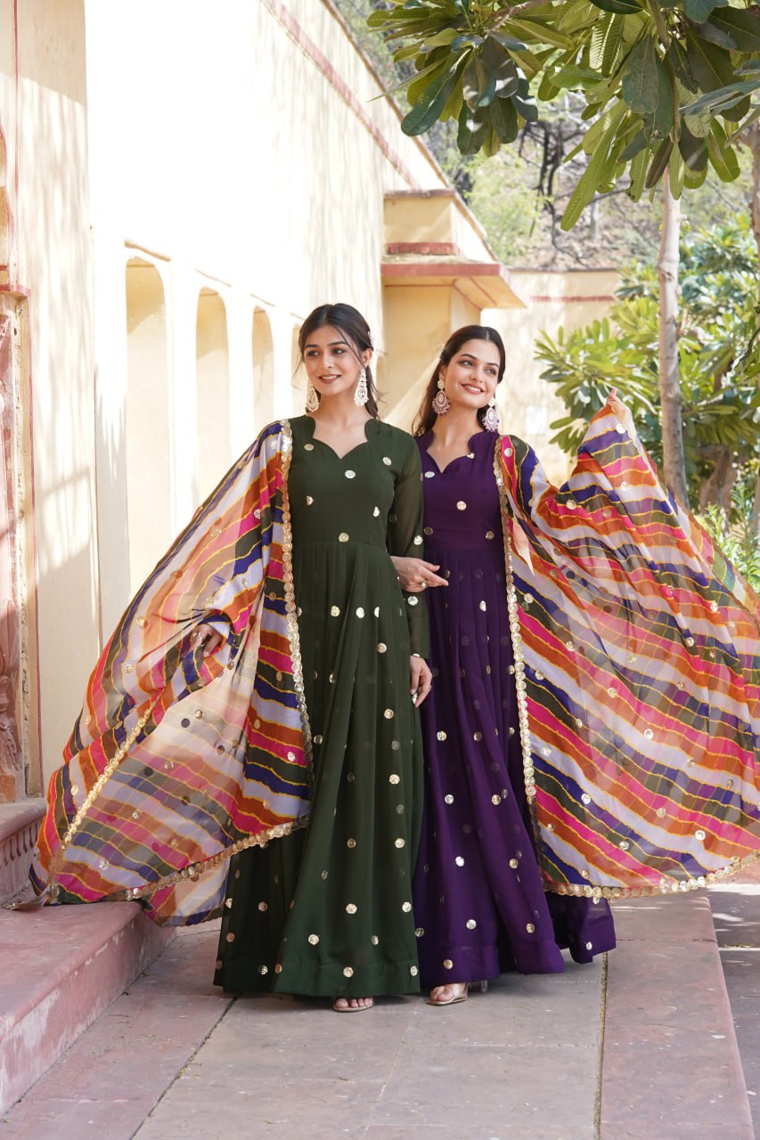 Charming Faux Georgette Zari Thread Sequins Worked Gown - Ethnicwish