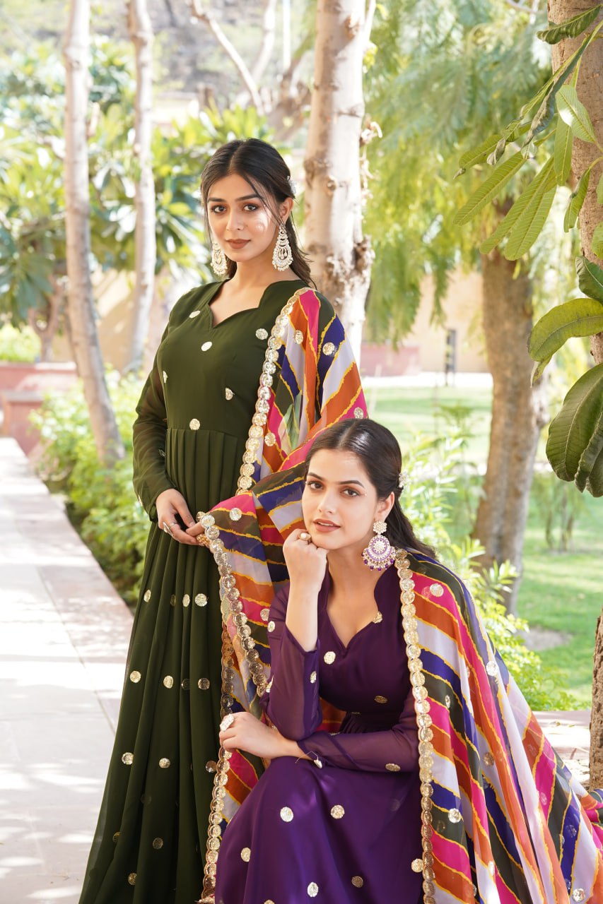 Charming Faux Georgette Zari Thread Sequins Worked Gown - Ethnicwish