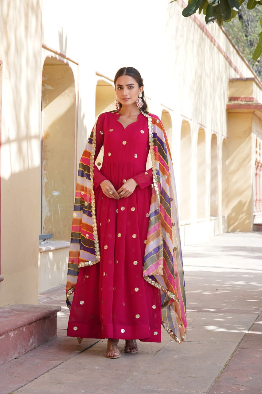 Charming Faux Georgette Zari Thread Sequins Worked Gown - Ethnicwish