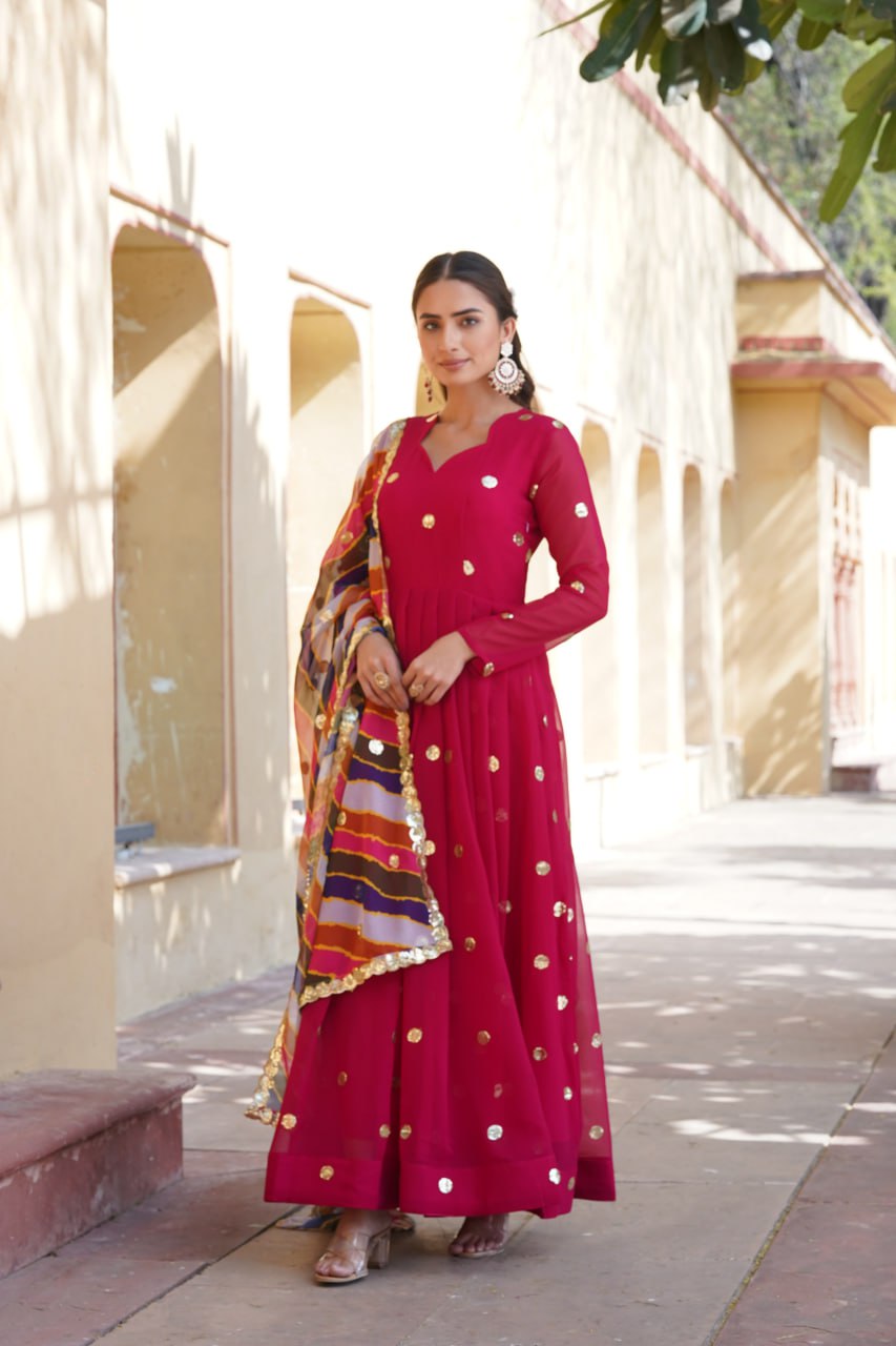 Charming Faux Georgette Zari Thread Sequins Worked Gown - Ethnicwish