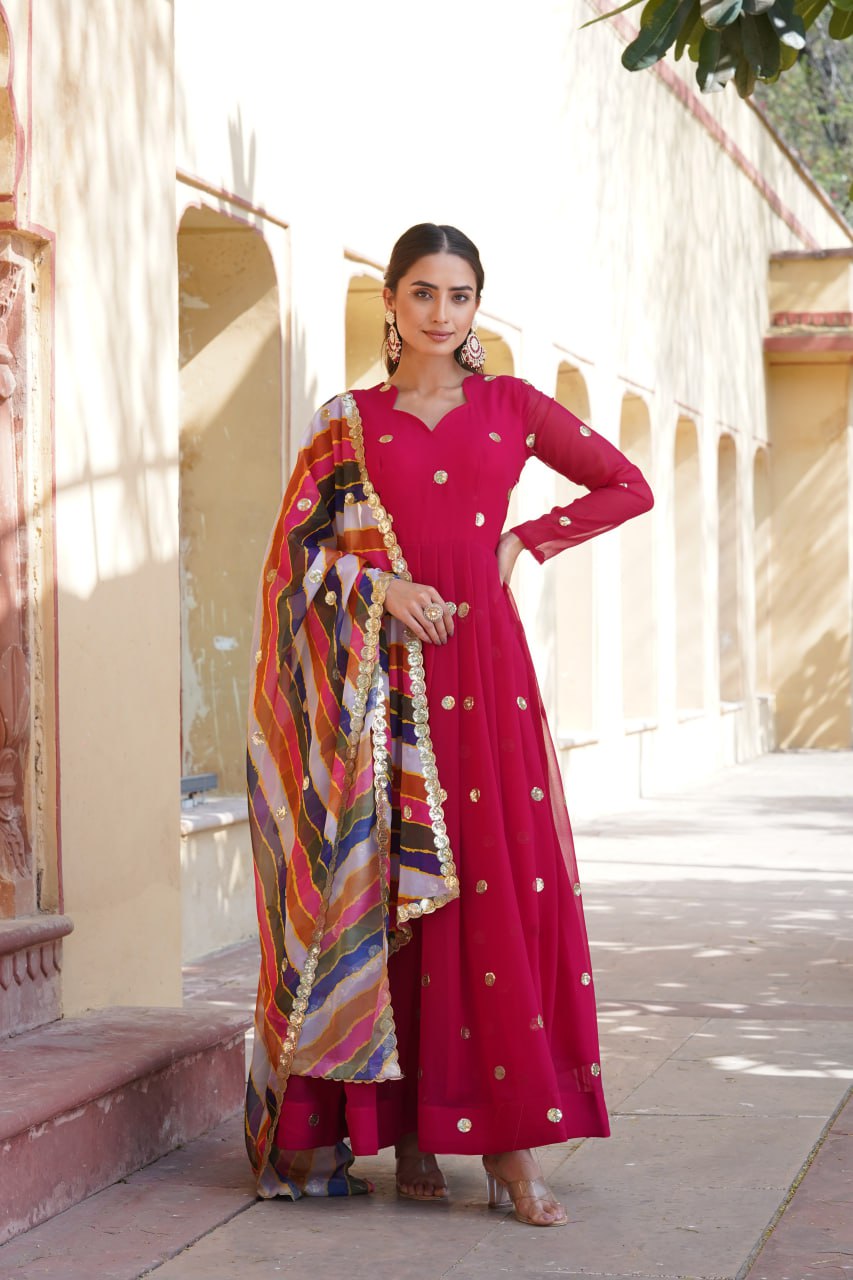 Charming Faux Georgette Zari Thread Sequins Worked Gown - Ethnicwish