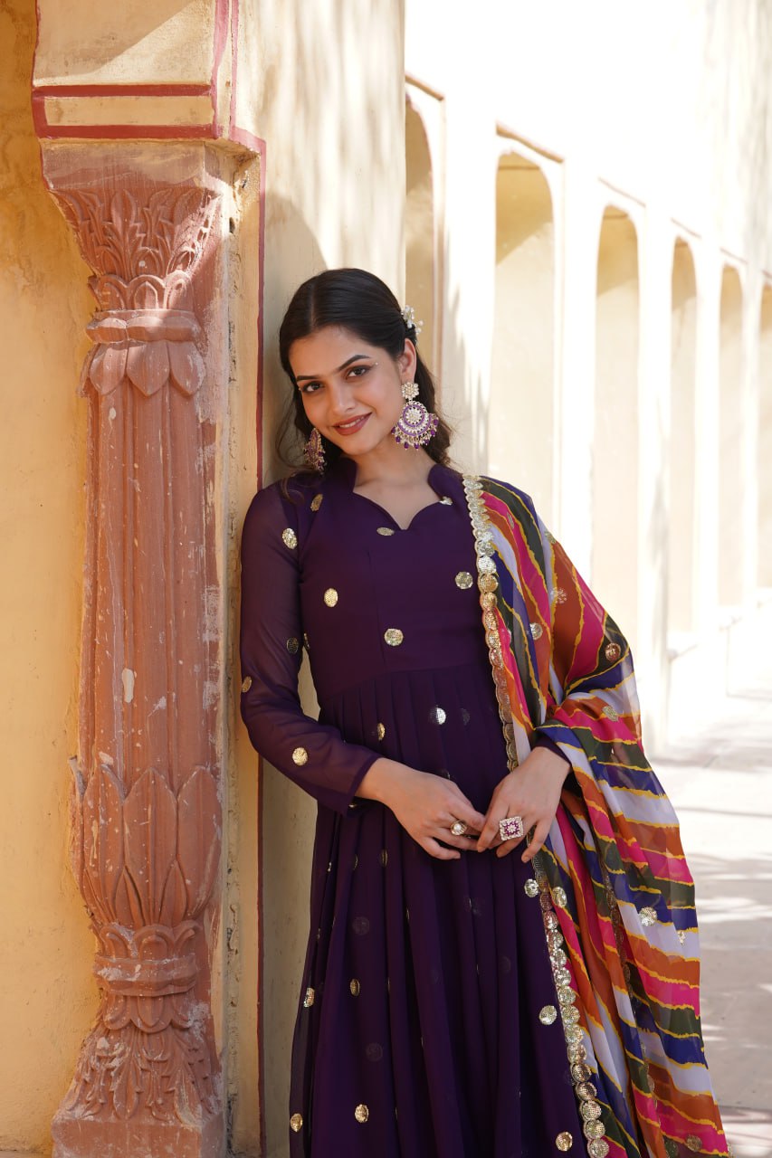 Charming Faux Georgette Zari Thread Sequins Worked Gown - Ethnicwish