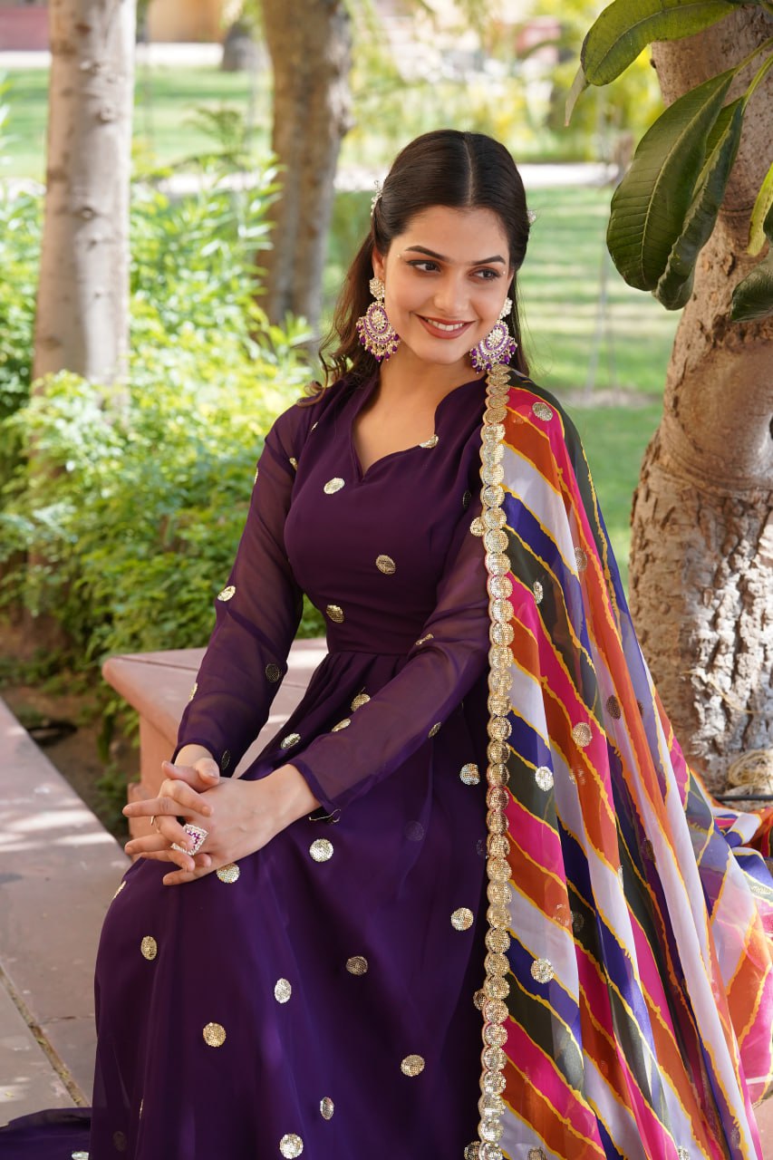 Charming Faux Georgette Zari Thread Sequins Worked Gown - Ethnicwish