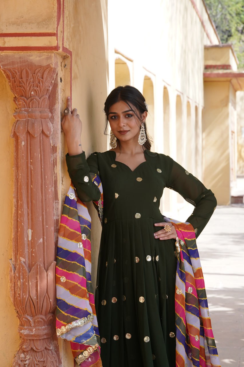 Charming Faux Georgette Zari Thread Sequins Worked Gown - Ethnicwish