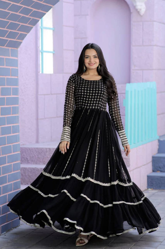 Fetching Faux Georgette Sequins Worked Designer Gown - Ethnicwish