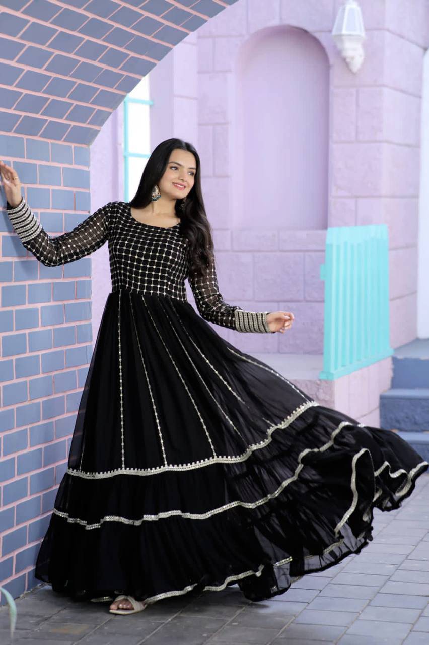 Fetching Faux Georgette Sequins Worked Designer Gown - Ethnicwish
