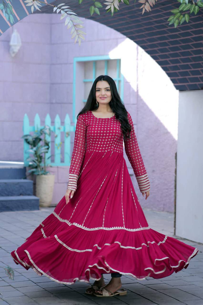 Fetching Faux Georgette Sequins Worked Designer Gown - Ethnicwish