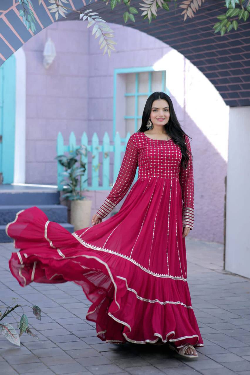 Fetching Faux Georgette Sequins Worked Designer Gown - Ethnicwish