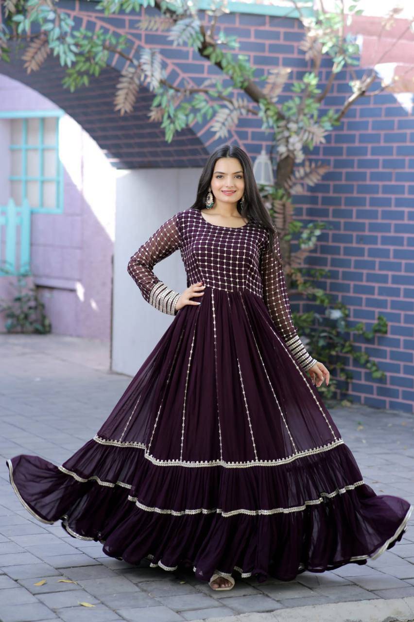 Fetching Faux Georgette Sequins Worked Designer Gown - Ethnicwish