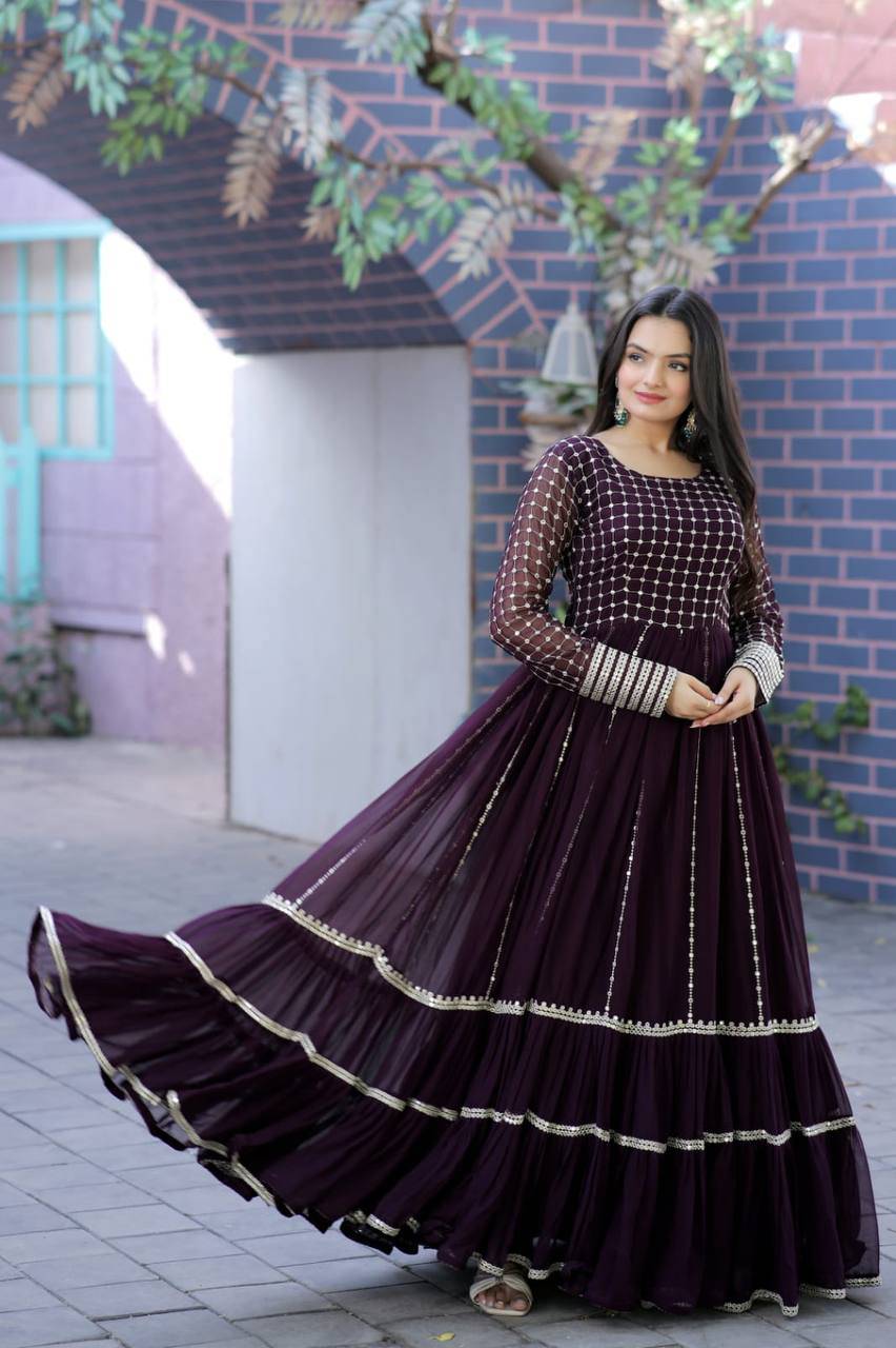 Fetching Faux Georgette Sequins Worked Designer Gown - Ethnicwish