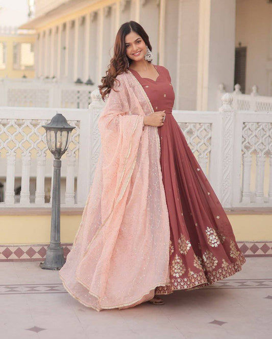 Delicate Brown Faux Georgette Zari Sequins Worked Gown - Ethnicwish