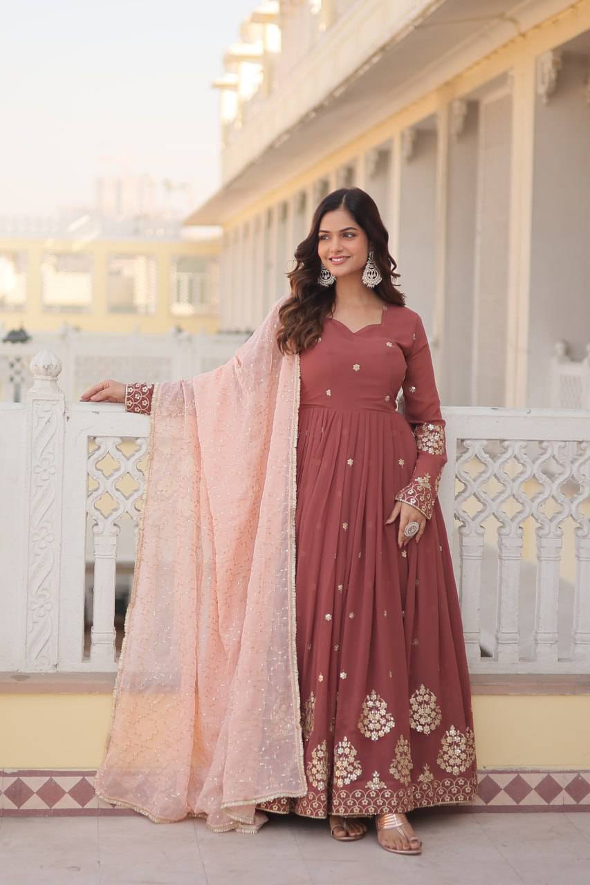 Delicate Brown Faux Georgette Zari Sequins Worked Gown - Ethnicwish