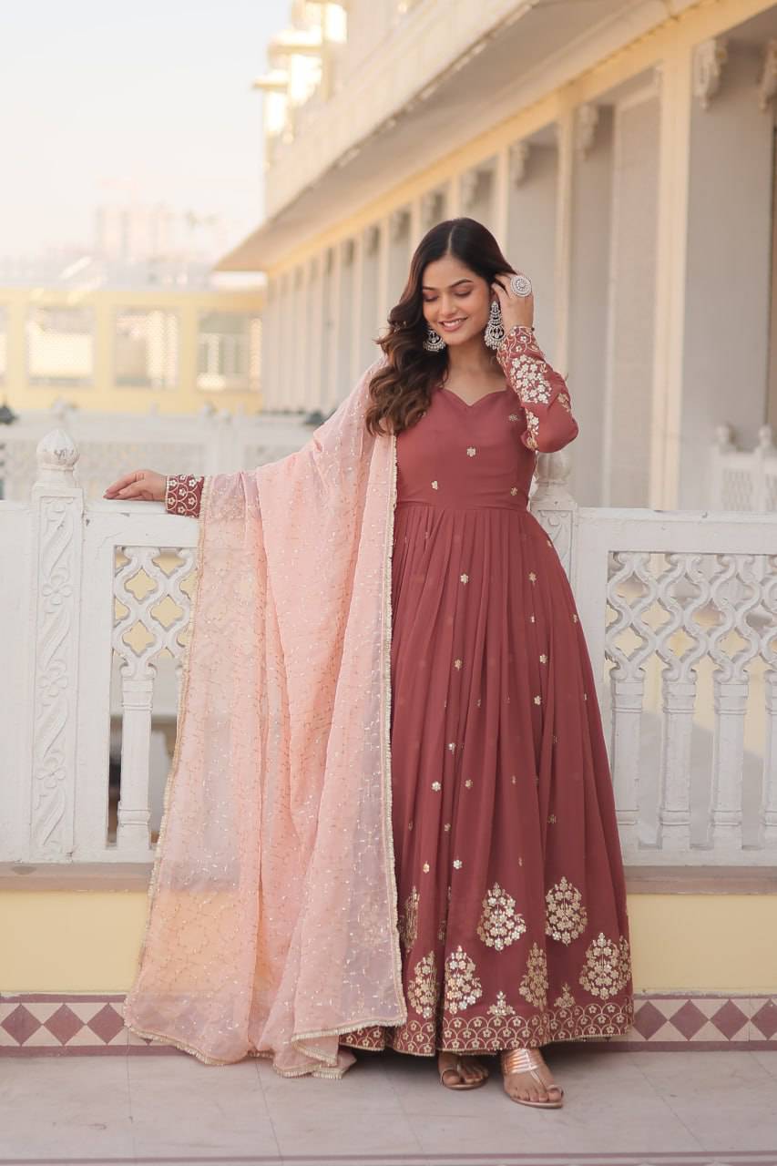 Delicate Brown Faux Georgette Zari Sequins Worked Gown - Ethnicwish