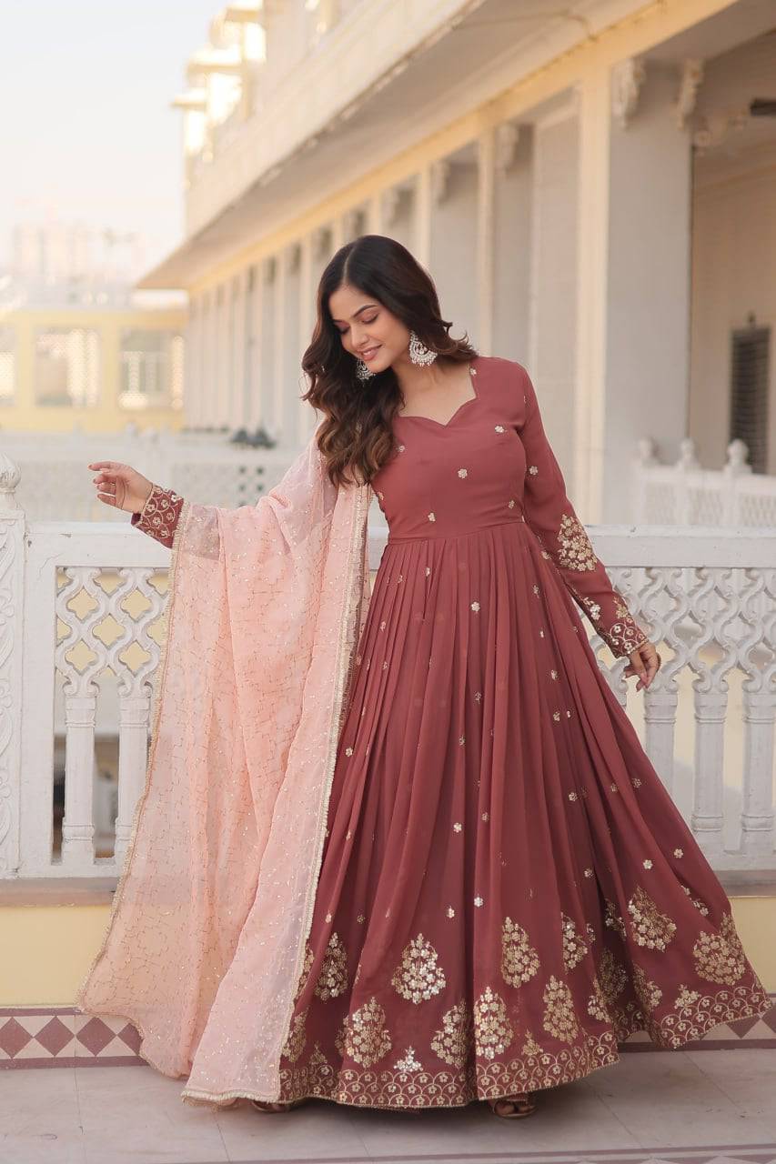 Delicate Brown Faux Georgette Zari Sequins Worked Gown - Ethnicwish