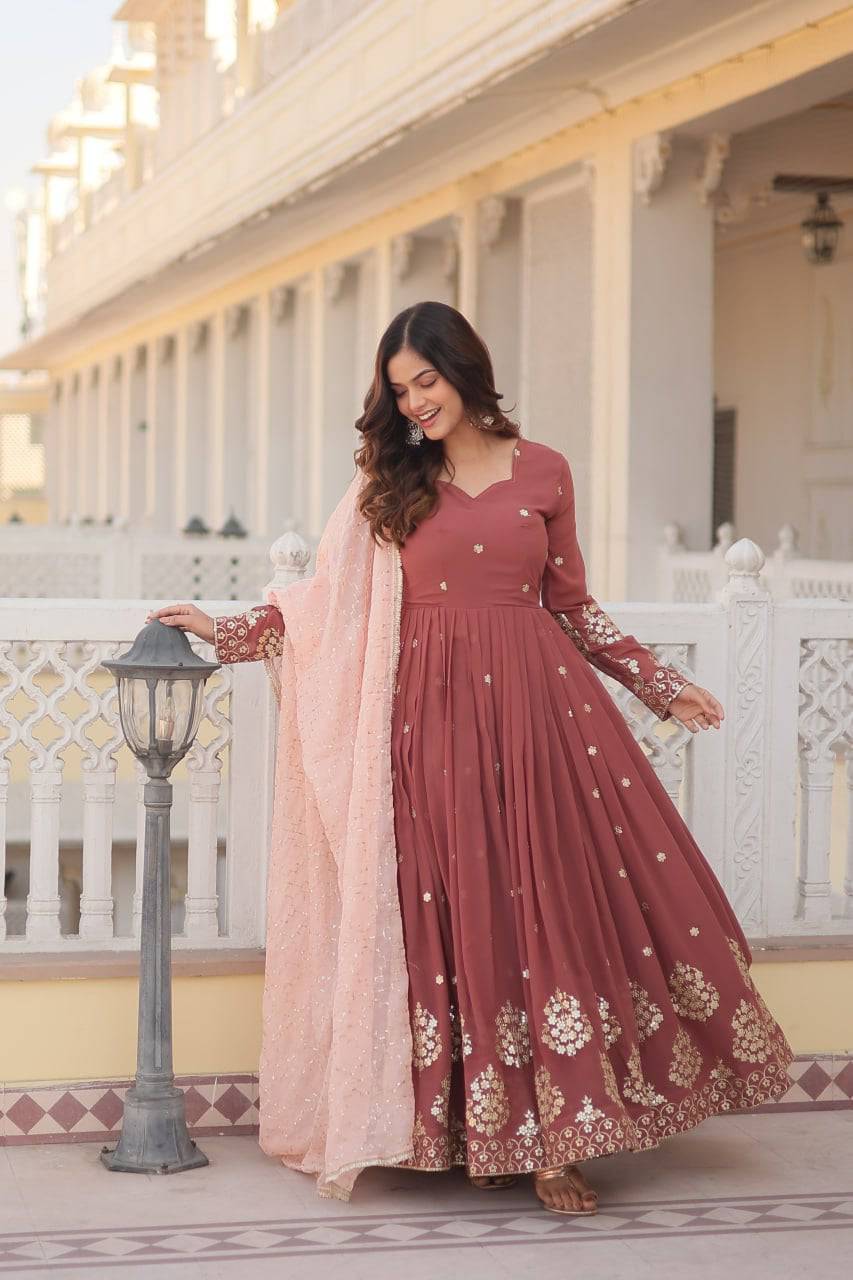 Delicate Brown Faux Georgette Zari Sequins Worked Gown - Ethnicwish