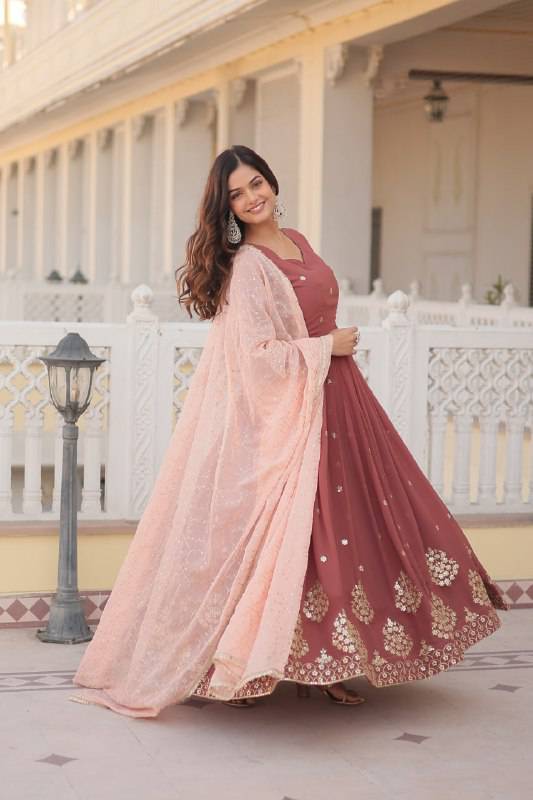 Delicate Brown Faux Georgette Zari Sequins Worked Gown - Ethnicwish
