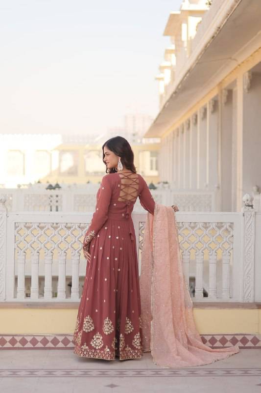 Delicate Brown Faux Georgette Zari Sequins Worked Gown - Ethnicwish