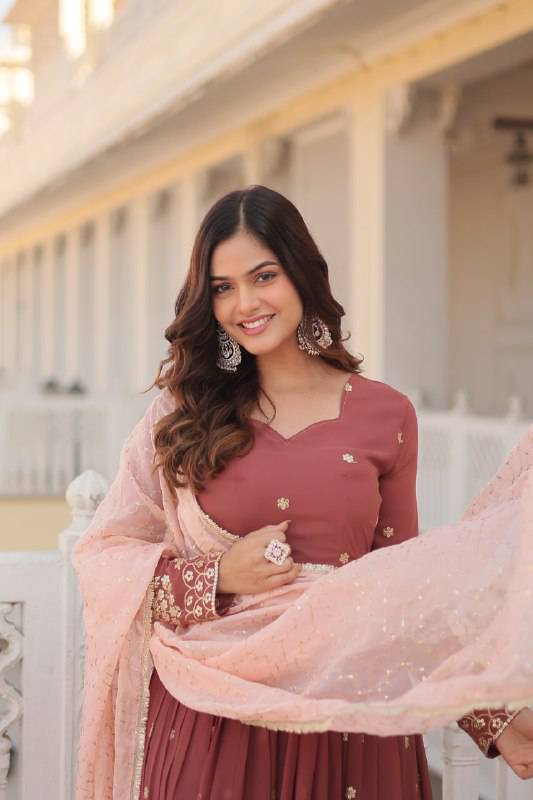 Delicate Brown Faux Georgette Zari Sequins Worked Gown - Ethnicwish