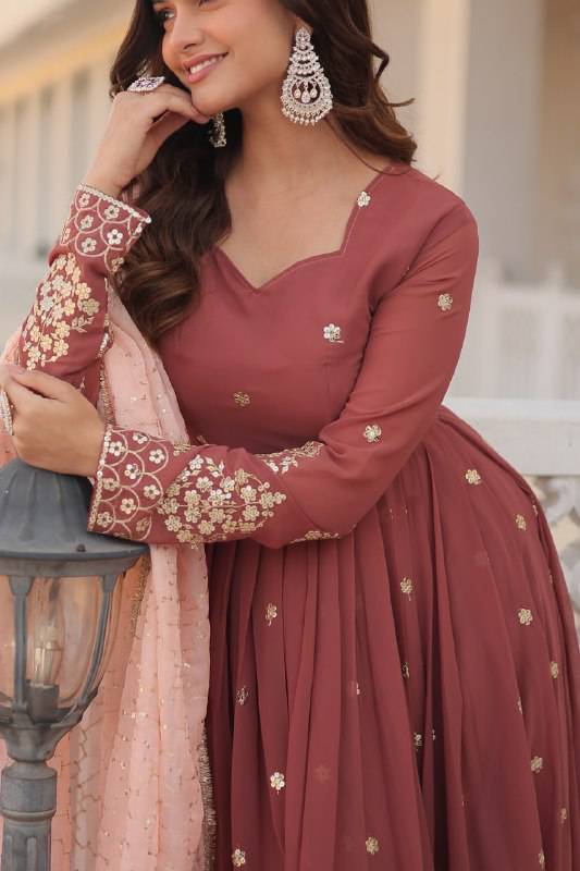 Delicate Brown Faux Georgette Zari Sequins Worked Gown - Ethnicwish