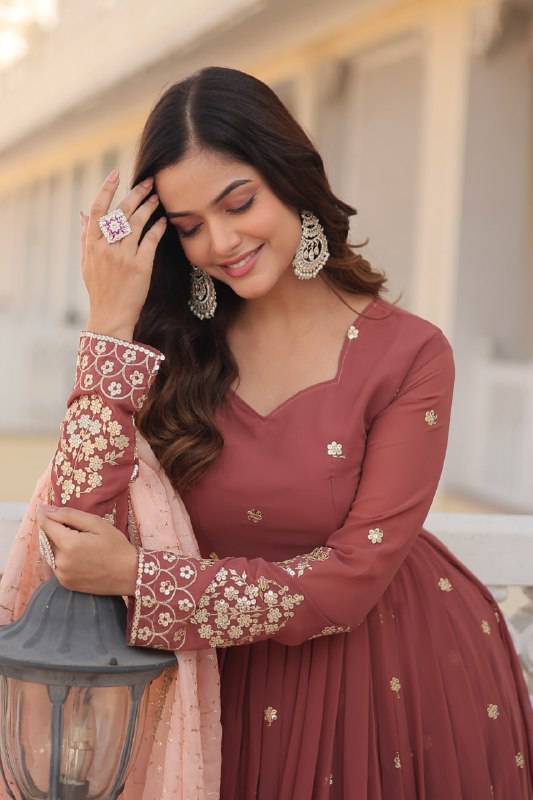 Delicate Brown Faux Georgette Zari Sequins Worked Gown - Ethnicwish