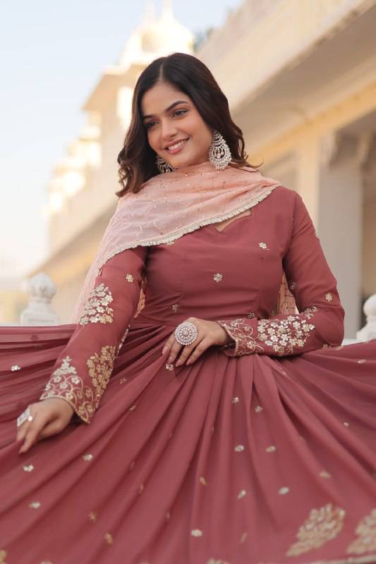 Delicate Brown Faux Georgette Zari Sequins Worked Gown - Ethnicwish