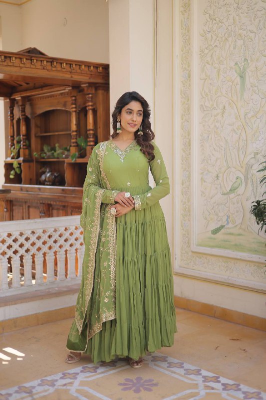 Splendid Faux Georgette Embroidered Designer Gown With Dupatta - Ethnicwish