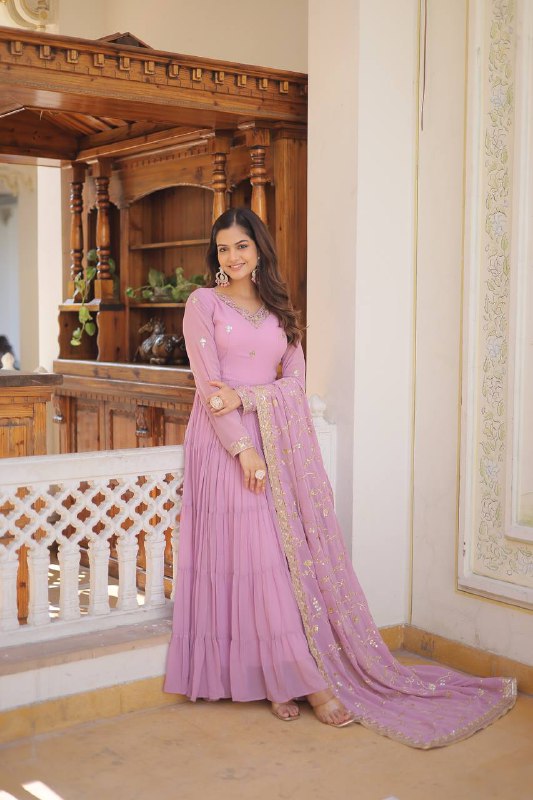 Splendid Faux Georgette Embroidered Designer Gown With Dupatta - Ethnicwish