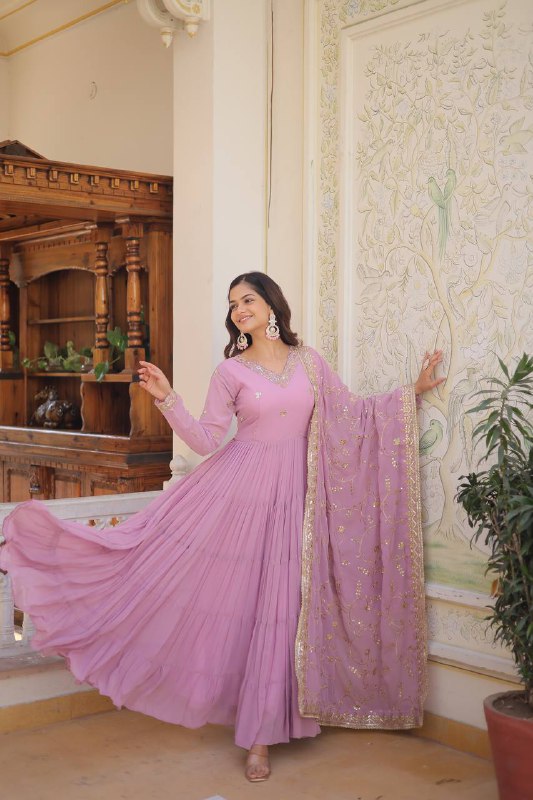 Splendid Faux Georgette Embroidered Designer Gown With Dupatta - Ethnicwish