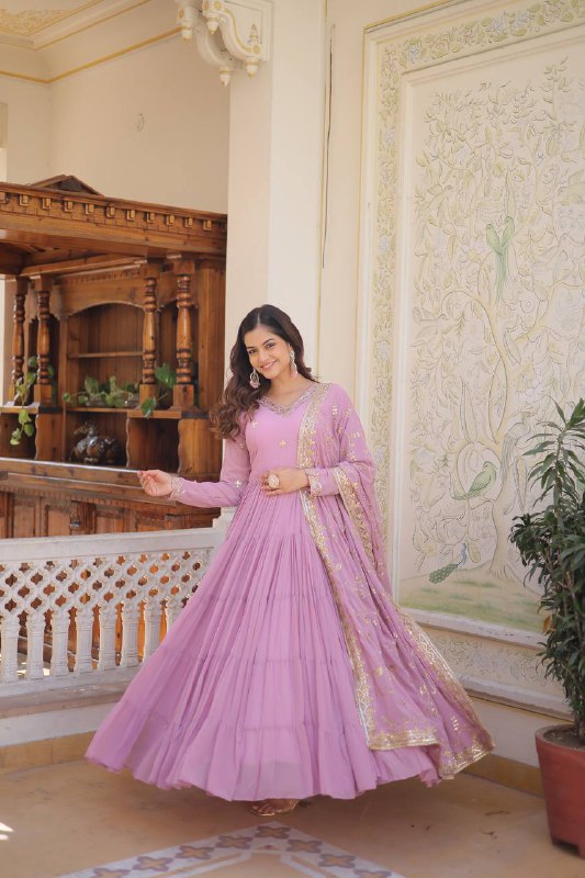 Splendid Faux Georgette Embroidered Designer Gown With Dupatta - Ethnicwish