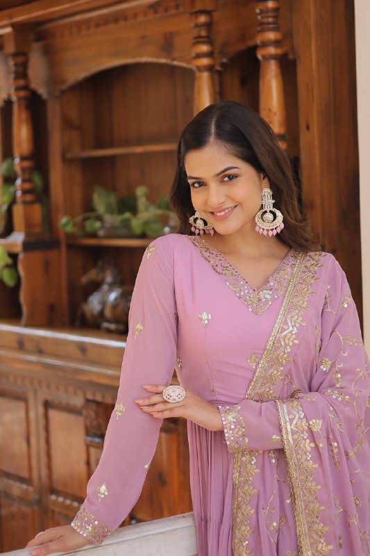 Splendid Faux Georgette Embroidered Designer Gown With Dupatta - Ethnicwish