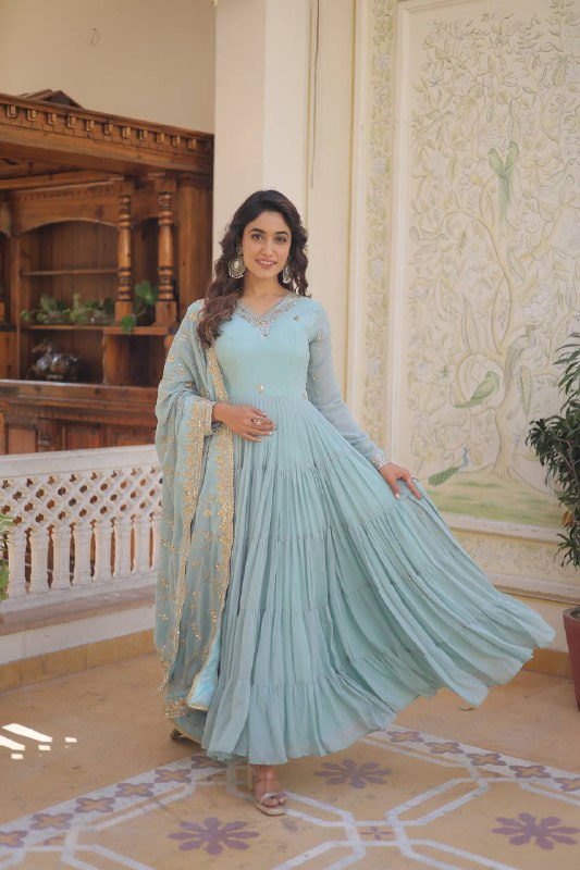 Splendid Faux Georgette Embroidered Designer Gown With Dupatta - Ethnicwish