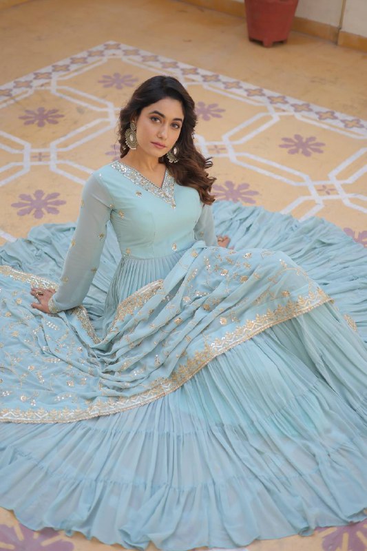 Splendid Faux Georgette Embroidered Designer Gown With Dupatta - Ethnicwish