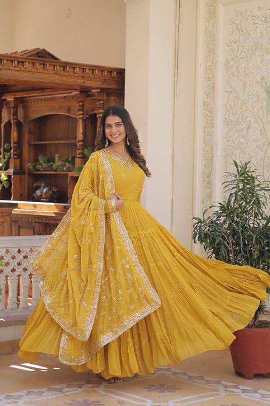 Splendid Faux Georgette Embroidered Designer Gown With Dupatta - Ethnicwish