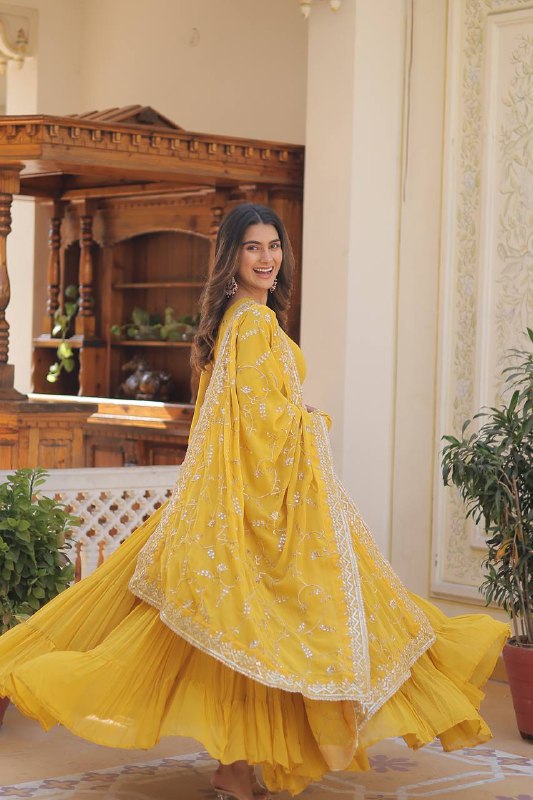 Splendid Faux Georgette Embroidered Designer Gown With Dupatta - Ethnicwish