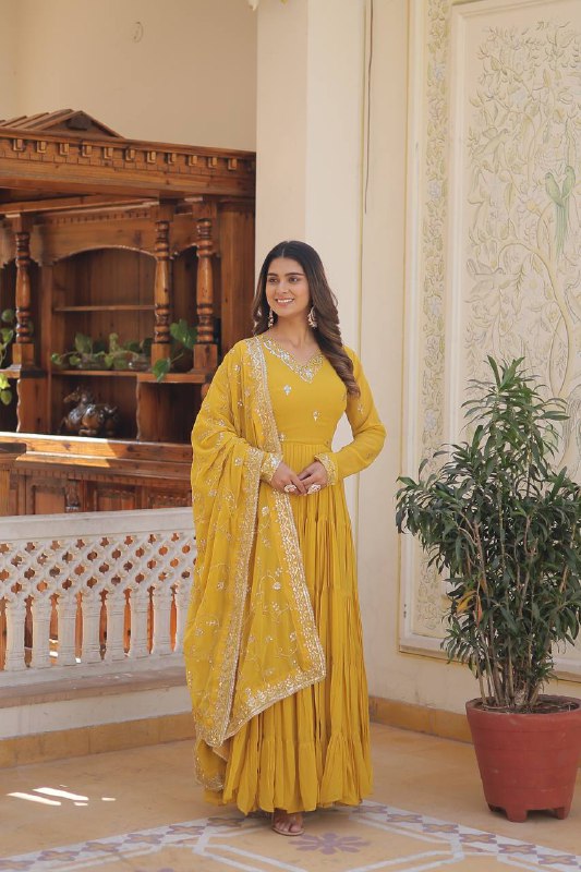 Splendid Faux Georgette Embroidered Designer Gown With Dupatta - Ethnicwish