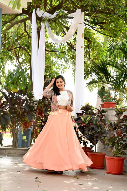 Peach Floral Sequins Embroidered Koti Blouse Lehenga Set - Ethnicwish